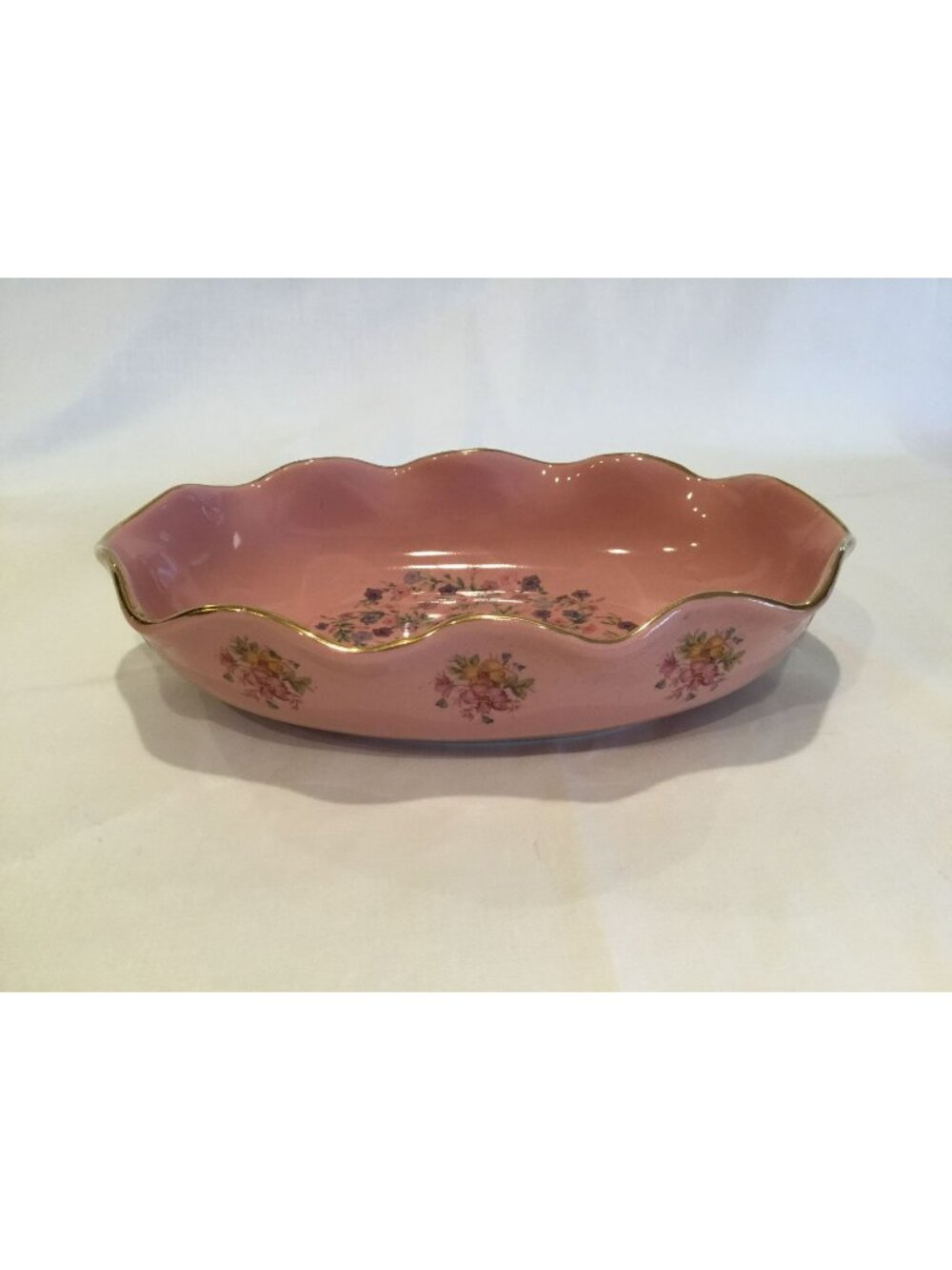 Vintage Abingdon Pink Tiaraware 24K Gold Oval Bowl with Flower pattern